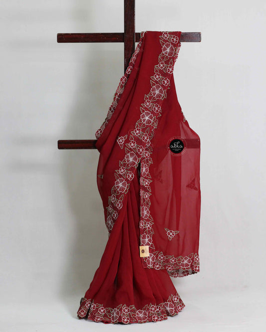 Maroon Organza Saree with Floral Cutwork Border – Elegant Party Wear