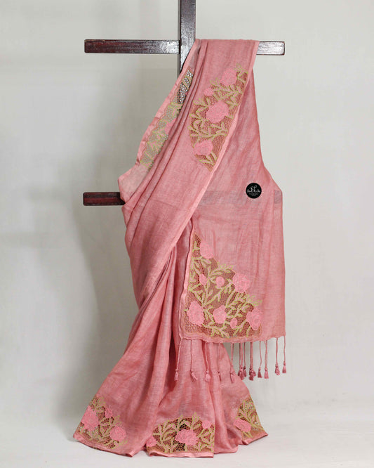 Light Chocolate brown/ Terrakota Rose Pure Linen Saree with Twine Cutwork Elegance