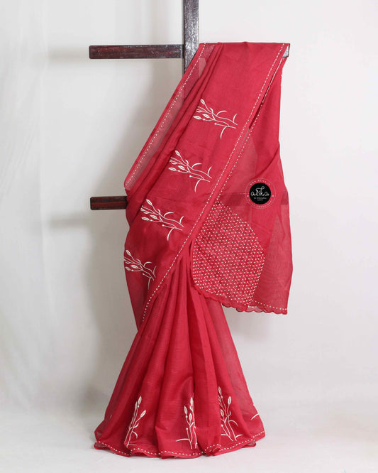 Carmine Red Silky Kota Saree with Floral Embroidery – Alika Fashion Store