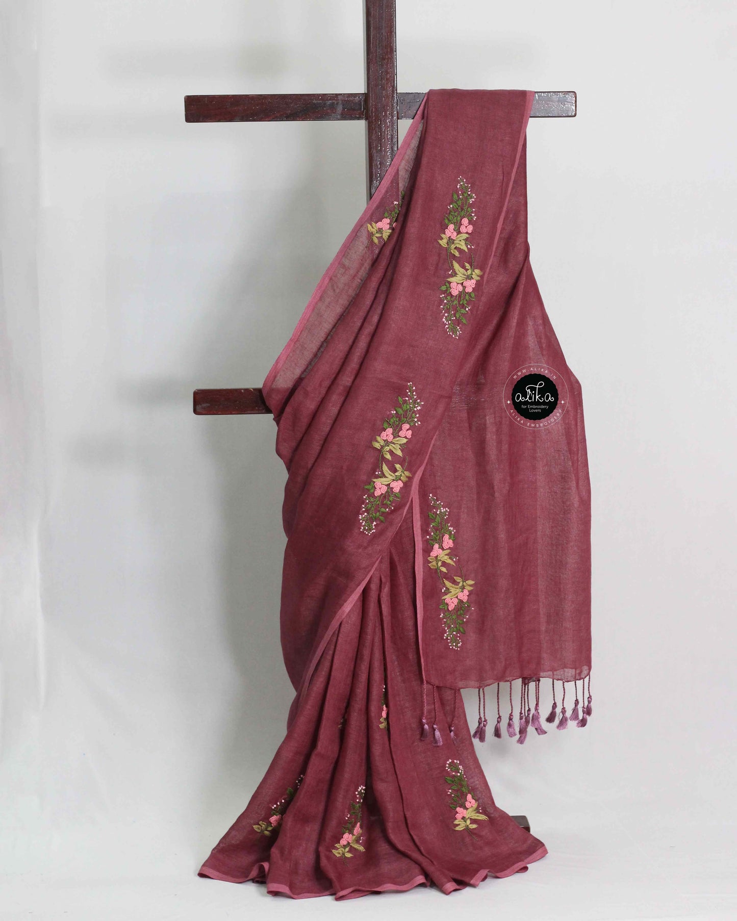 Burgundy Pure Linen Saree with Floral Hand Embroidery