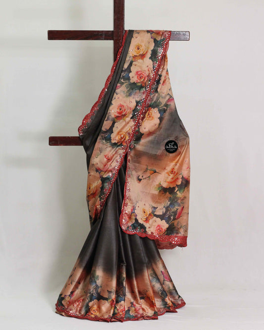 Multi Colour Semi Silk Saree with Floral Embroidery And Mirror work Border