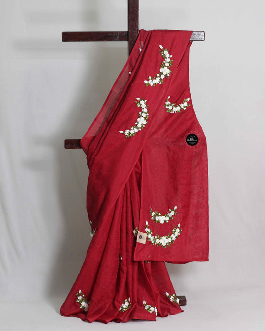 Maroon Phulkari Saree with White Floral Ribbon Work