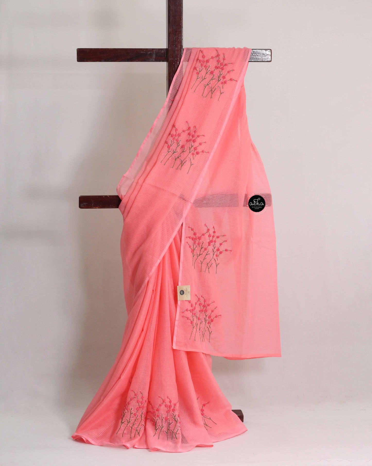 Brink Pink Cotton Kota Saree with Hand Embroidery