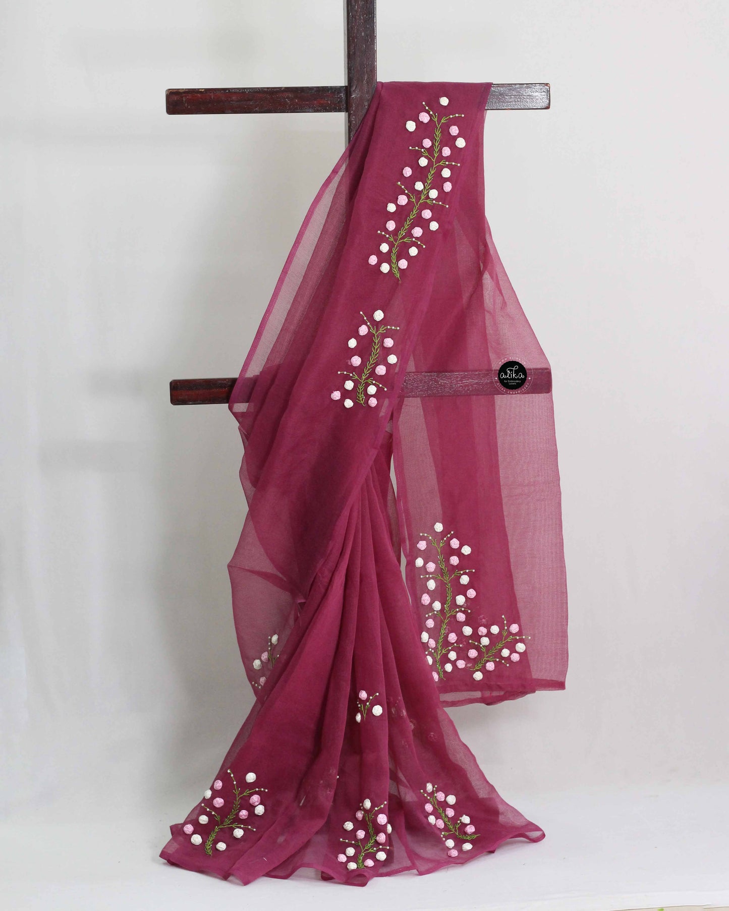 Wine Purple Kota Saree with Floral Ribbon Work