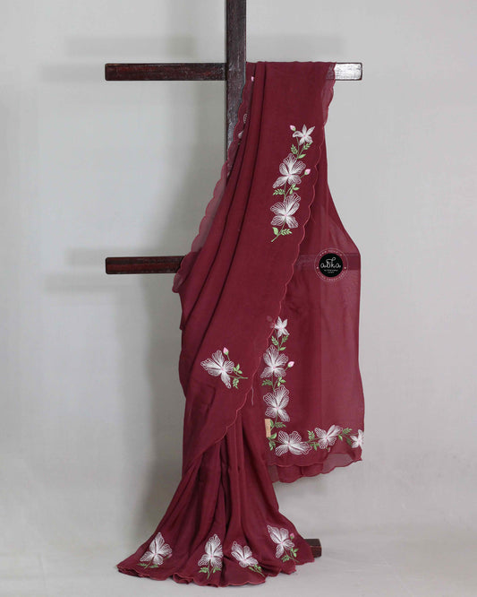 Wine Colour Organza Saree with Floral Machine Embroidery