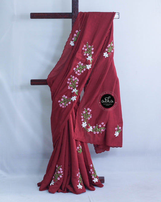 Maroon Soft Silk Saree with Floral Ribbon Work – Alika Fashion Store