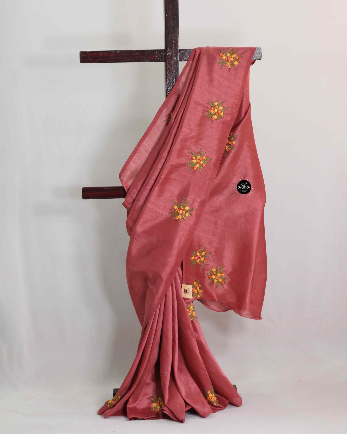 Semi Silk Red-Orange Saree with Hand Embroidery