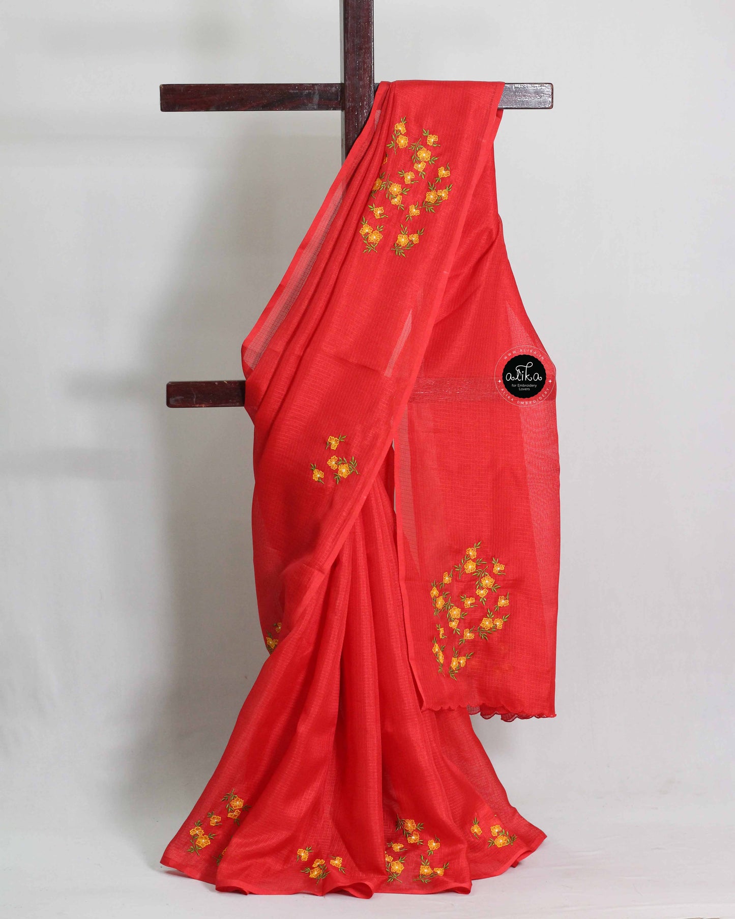 Red Silky Kota Saree with Floral Machine Embroidery
