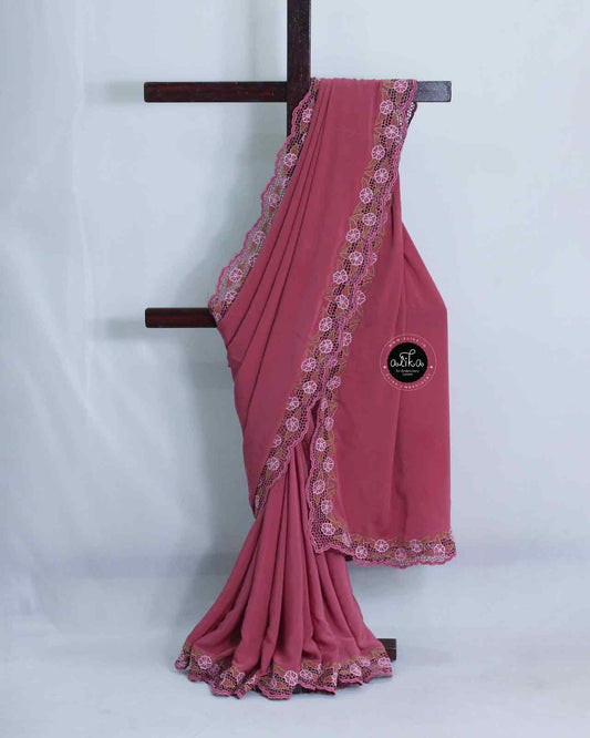 Light Maroon Soft Crepe Saree with Intricate Full Border Cutwork – Alika Fashion Store