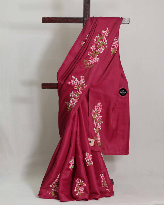 Wine Red Semi Saree with Hand Embroidery and Bead Work