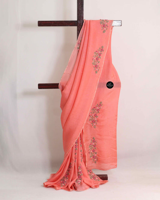 Orange Peach Crispy Georgette Saree with Floral Hand Embroidery – Breezy Handcrafted Elegance by Alika Fashion Store