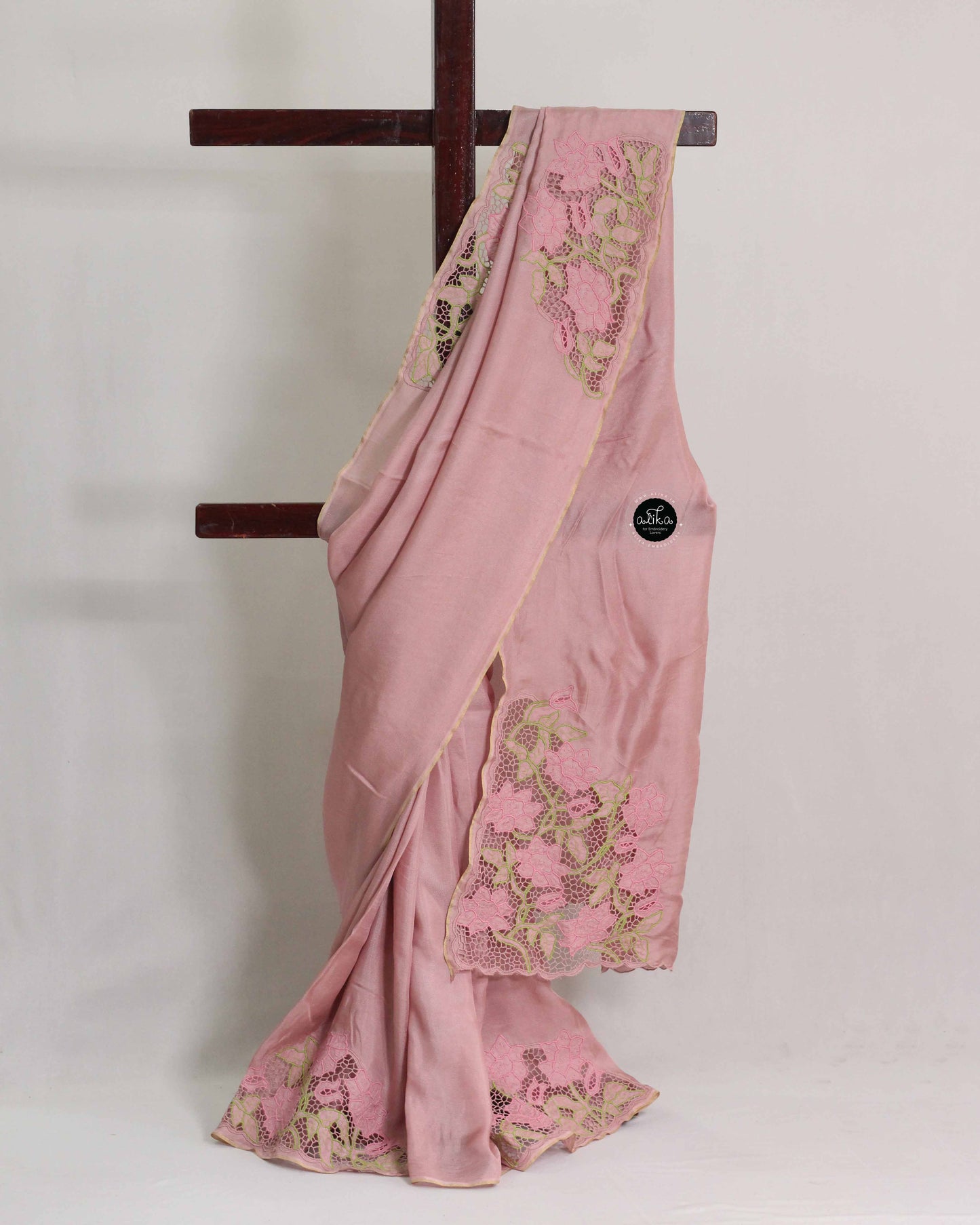 Rose Gold Crispy Georgette Saree with Pink Floral Cutwork