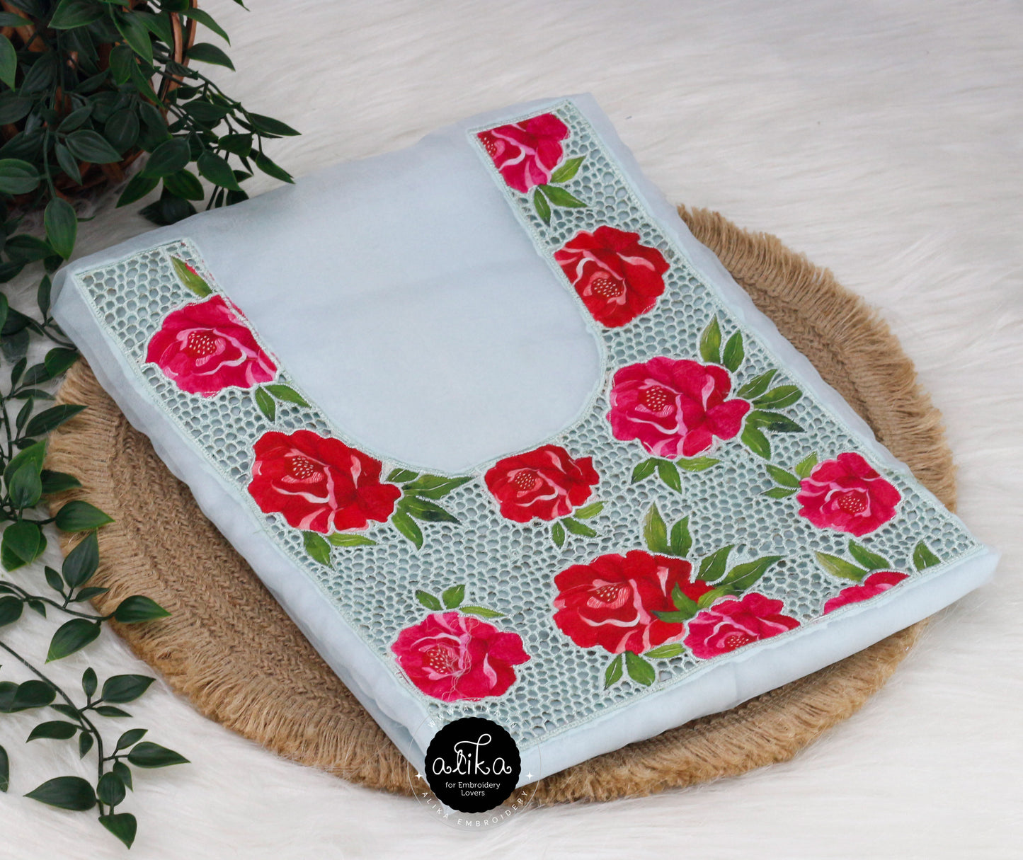 Light Cyan Organza Kurti Material with Intricate Applique Cutwork - Premium Fabric for Elegant Traditional Wear