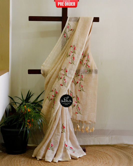 Graceful Soft Amber Pure Linen Saree with Exquisite Hand Embroidery