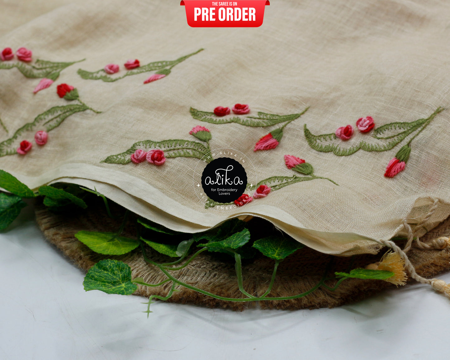 Graceful Soft Amber Pure Linen Saree with Exquisite Hand Embroidery