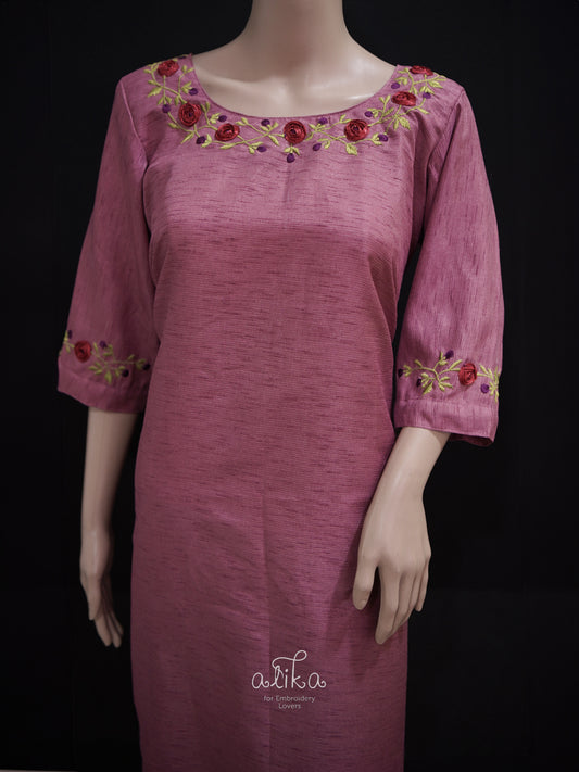 MAUVE SEMI RAW SILK STITCHED Top WITH GREEN AND RED RIBBON embroidery