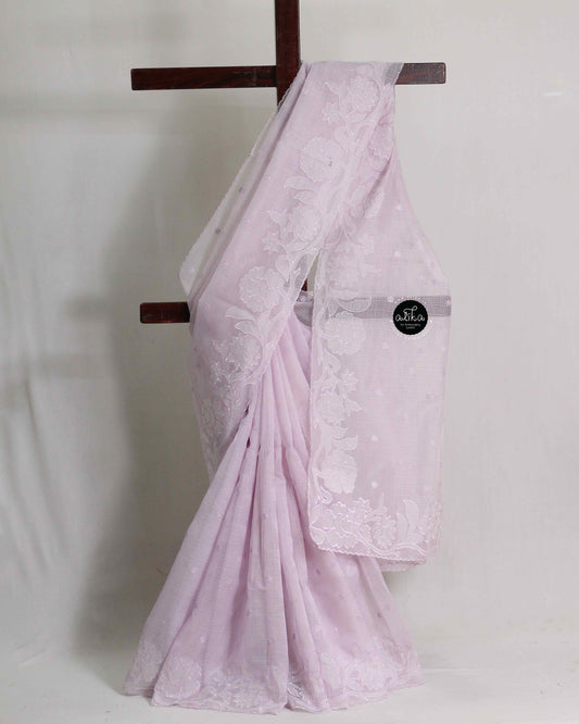 Lavender Kota Saree with Floral Appliqué Work | Alika Fashion Store