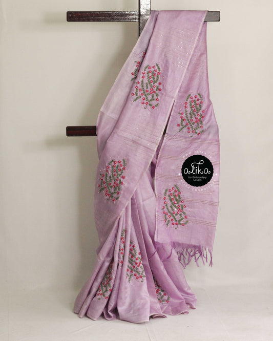Lavender Tussar Silk Saree with Hand Embroidery and Sequin Work – Alika Fashion Store