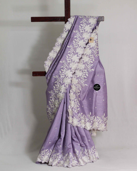 Lavender Semi Silk Saree with Floral Embroidered Border