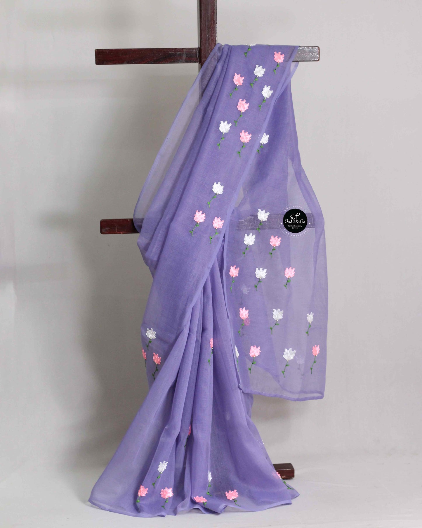 Lavender Kota Saree with Floral Ribbon Embroidery