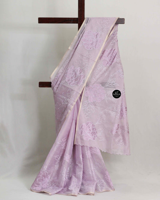 Lavender Silky kota Saree with Floral Appliqué – Luxury Designer Wear