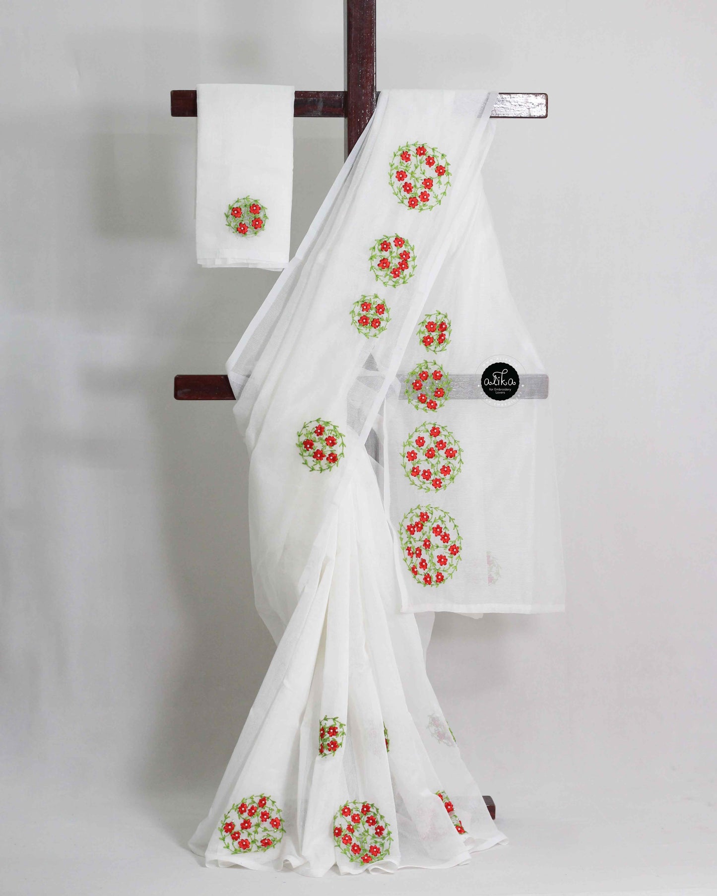 White Kota Saree with Floral Ribbon & Bead Work