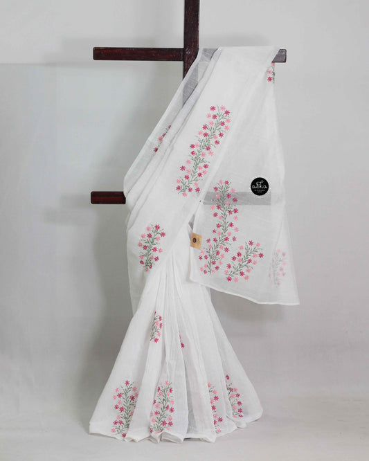 White Kota Saree with Floral Lazy Daisy Embroidery & Bead Work – Alika Fashion Store