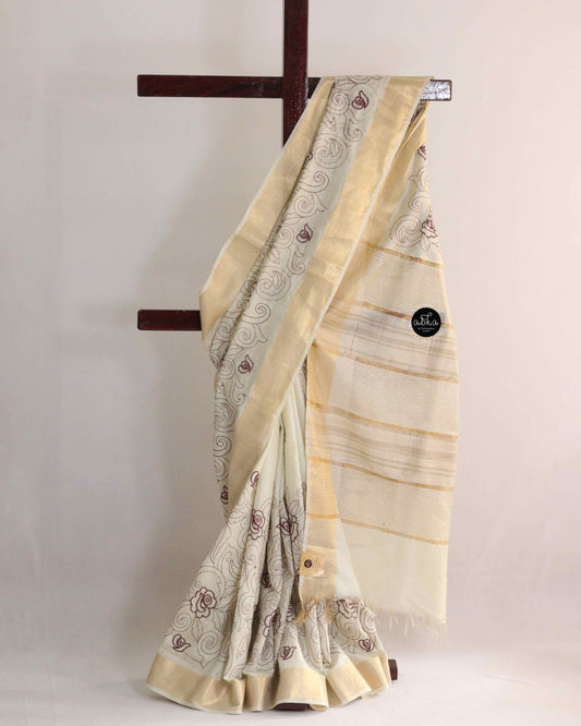 Cream And maroon Chanderi Silk Saree with Floral Machine Embroidery