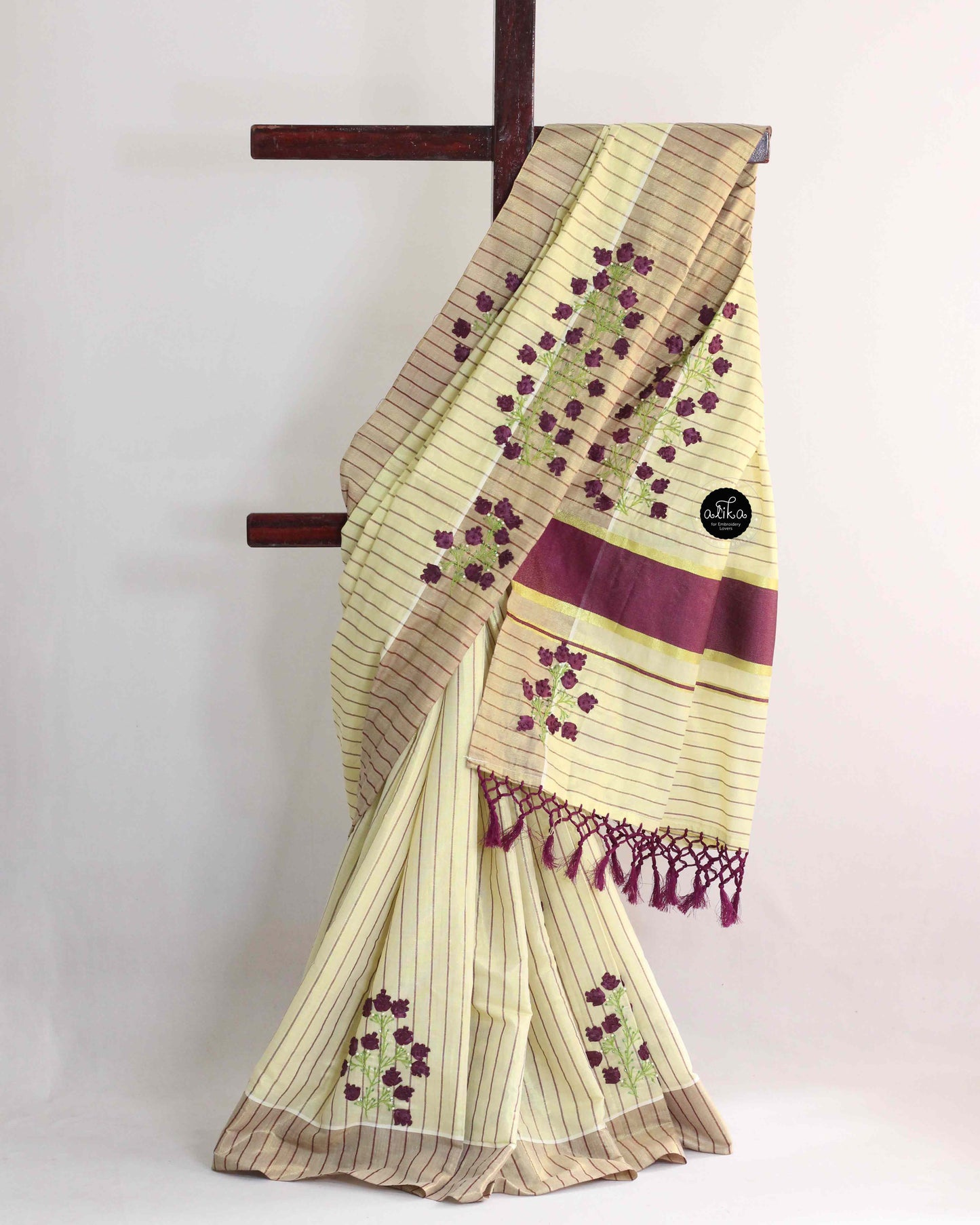 Light Yellow Cotton Saree with Purple Ribbon Bead Embroidery