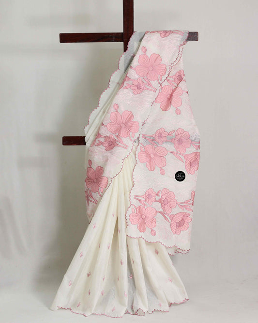 Off-White Kota Saree with Pink Floral Appliqué – Elegant Designer Wear