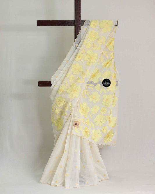 Off White Kota Saree with Yellow Floral Applique Work