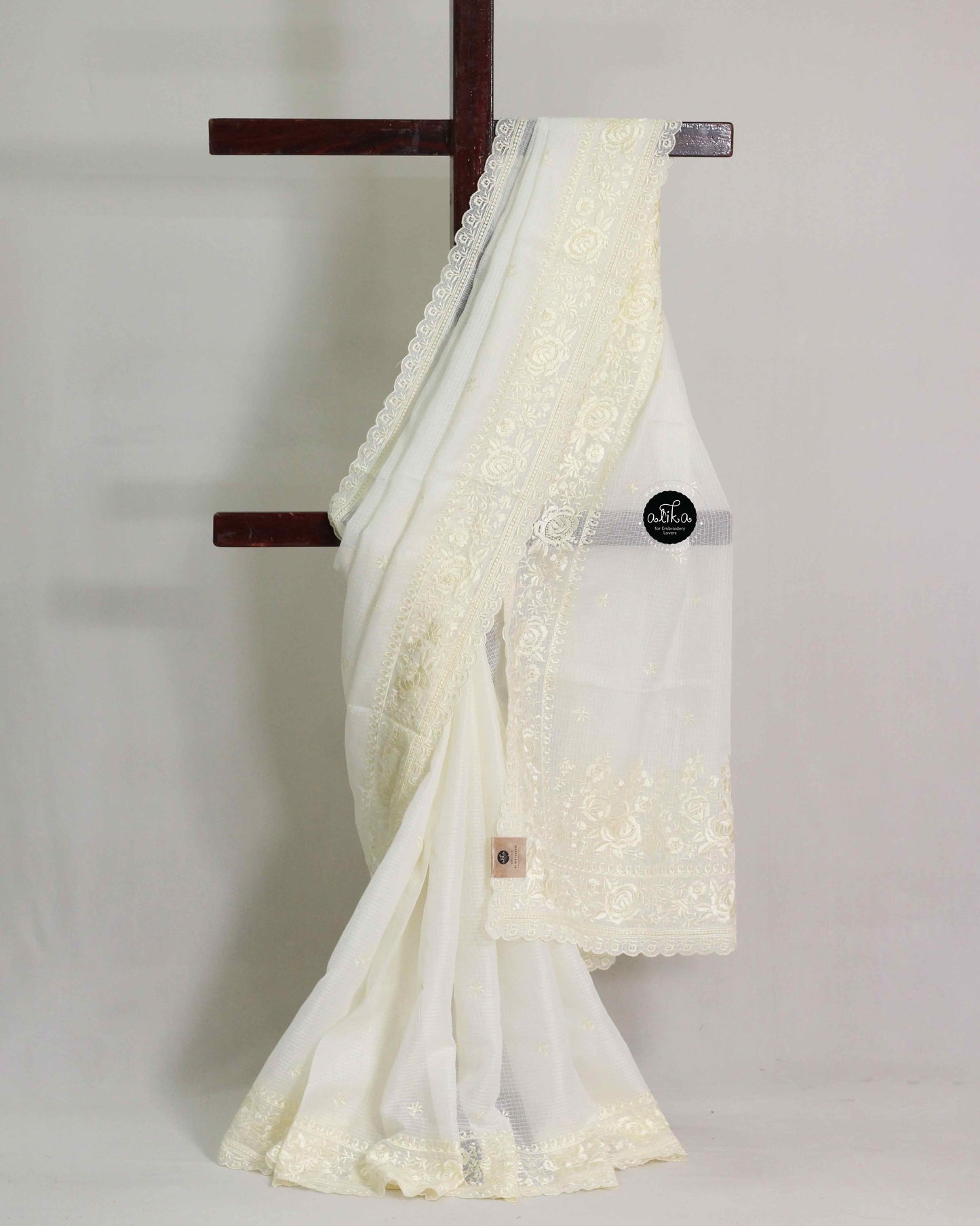 Off White Kota Saree with Floral Machine Embroidery