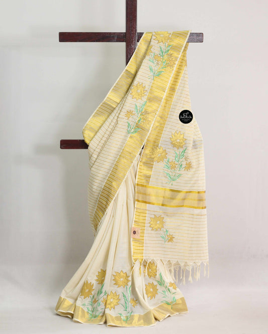 Kerala Kasavu Saree with Applique Embroidery