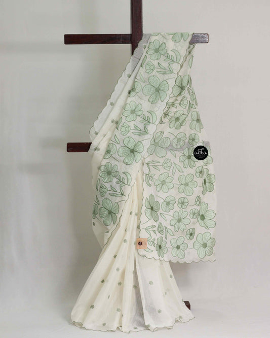 Off White Kota Saree with Floral Applique Work