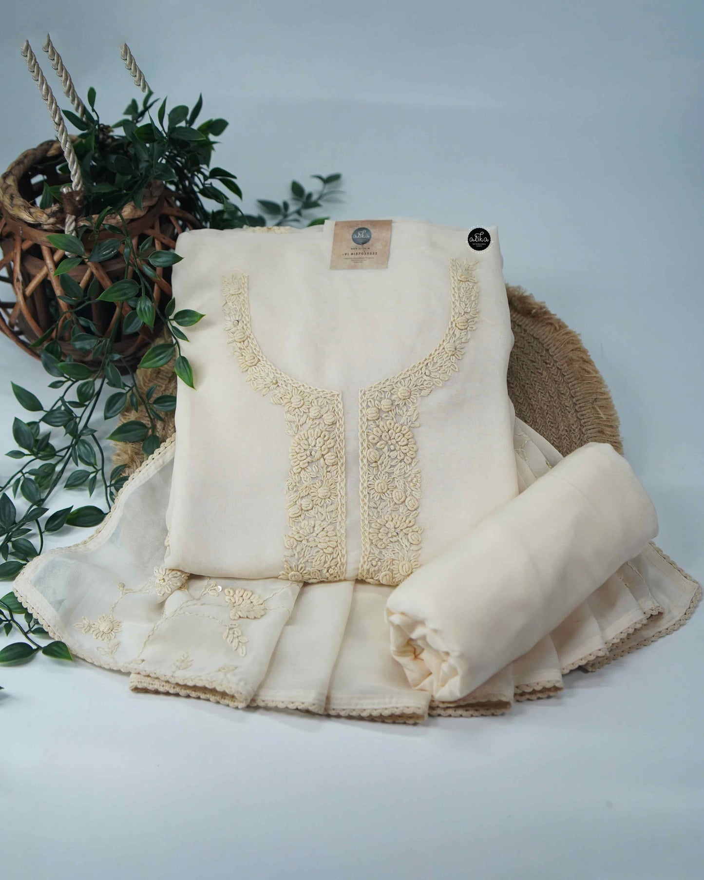 Cream Georgette Unstitched Salwar Set with Floral Hand Embroidery