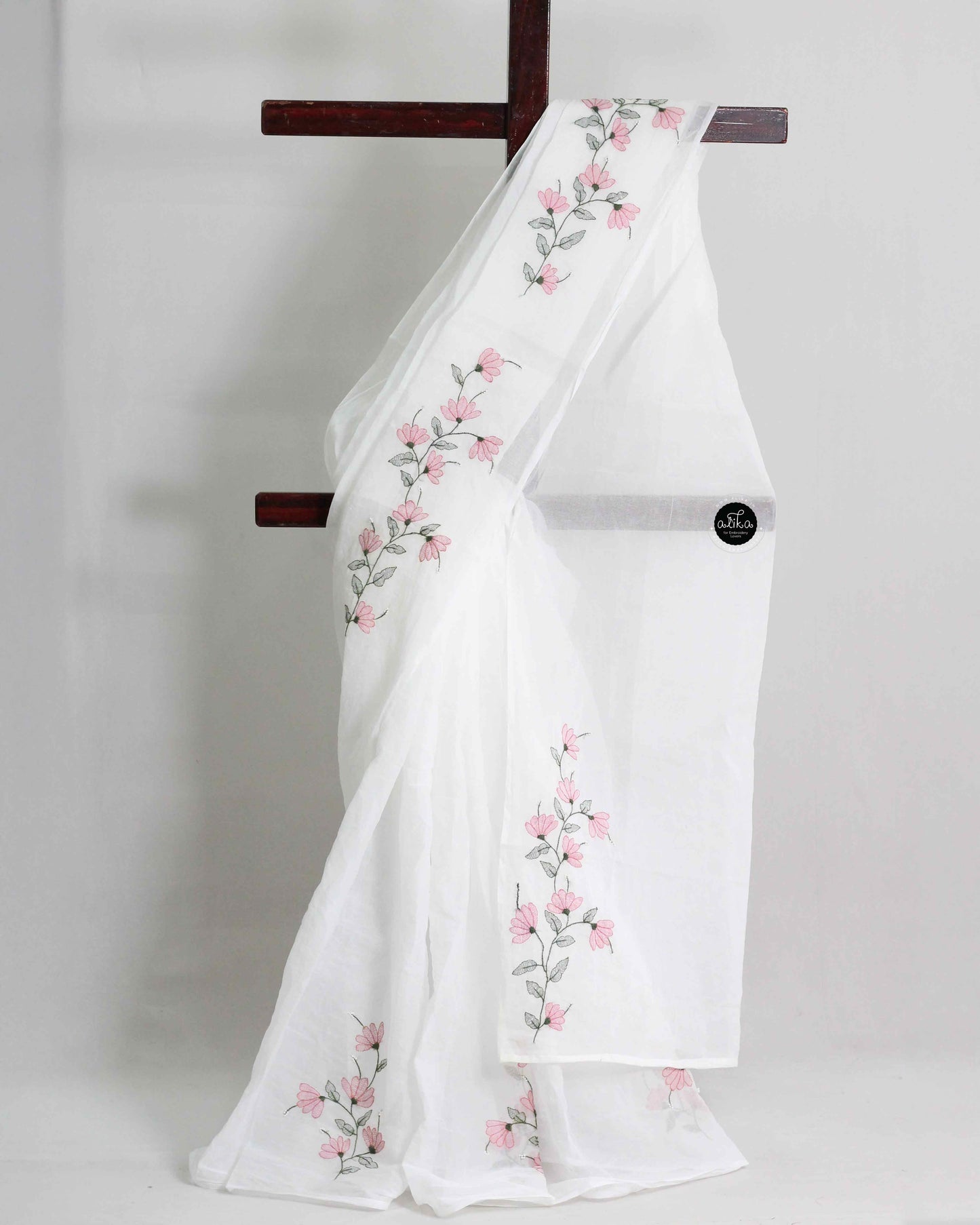 White Stiff Cotton Saree with Floral Shadow Work – Elegant Wear