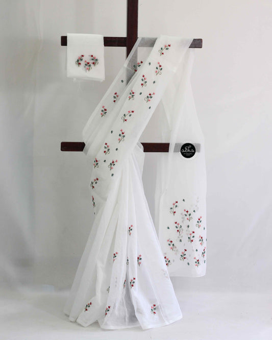 White silky kota saree with mini bullion hand-embroidery