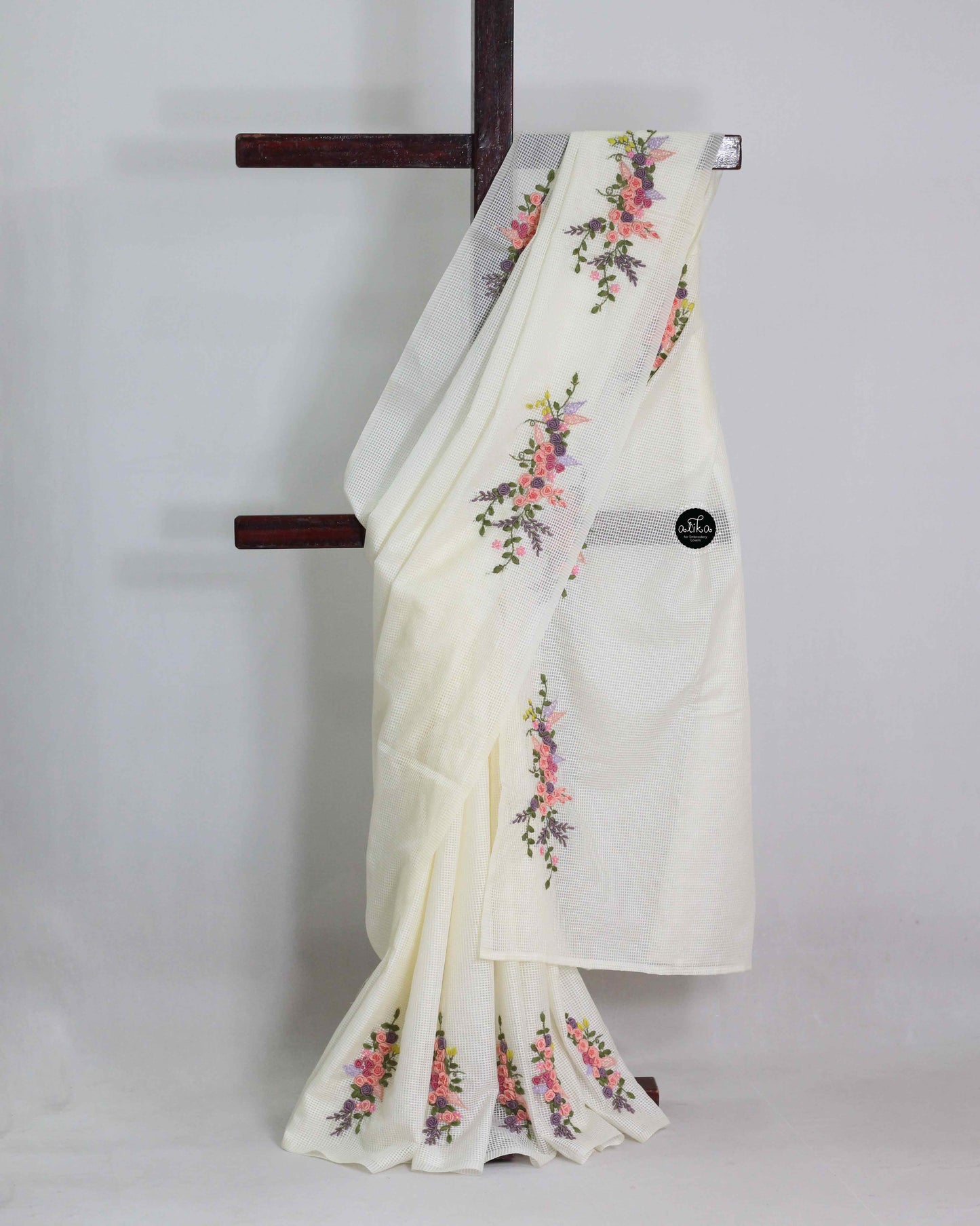 cream Bagalpuri silk saree with floral hand embroidery