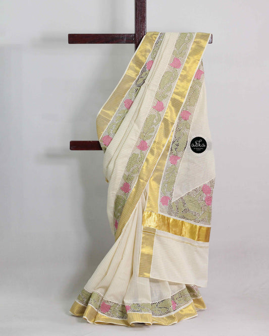 Striped Kavani Saree with Lotus Appliqué Border & Triangle Pattern Pallu – Alika Fashion Store