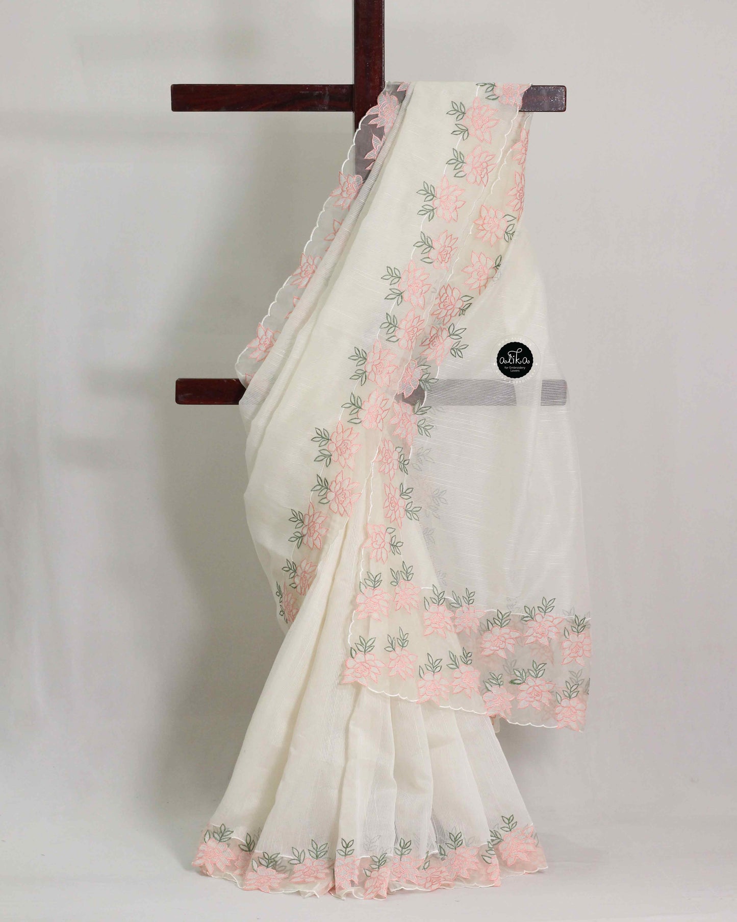 Off White Kota Saree with Floral Organza Applique Embroidery