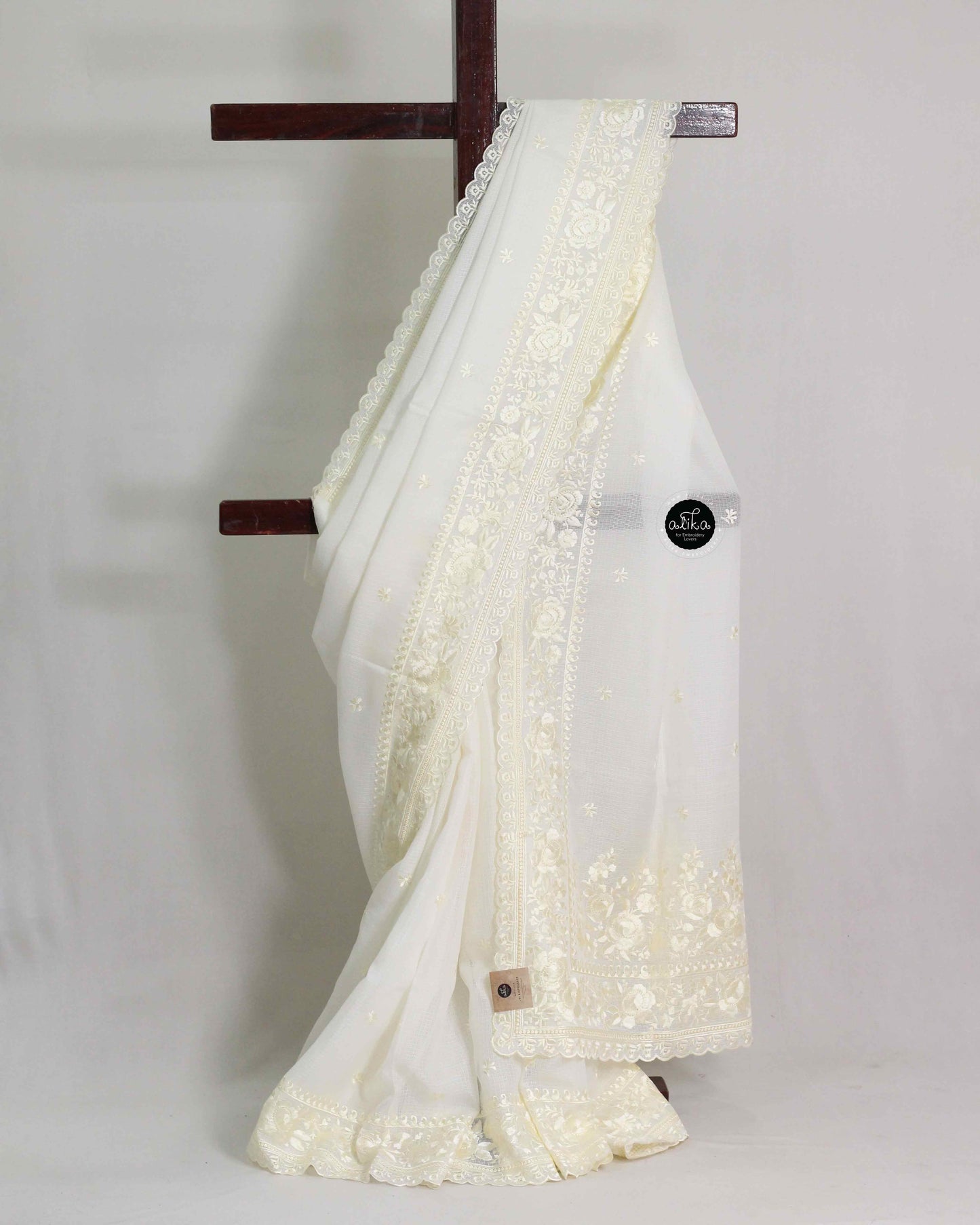 White Kota Saree with Floral Machine Embroidery
