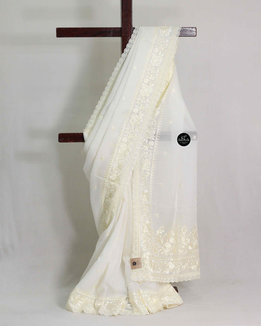White Kota Saree with Floral Machine Embroidery