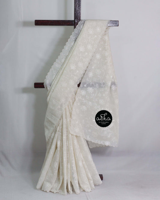 Off-White Chanderi Saree with Floral Embroidery & Scalloped Border – Alika Fashion Store
