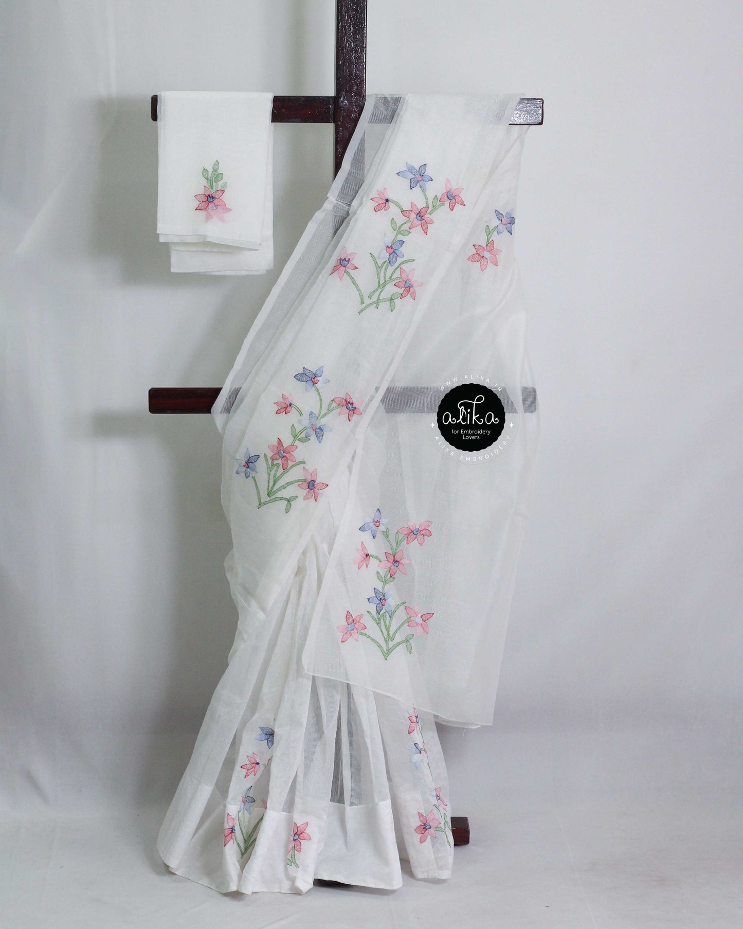 White Kota Saree with Shadow Work & Hand Embroidered Florals – Alika Fashion Store