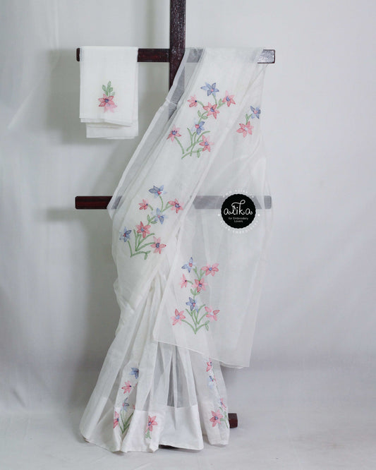 White Kota Saree with Shadow Work & Hand Embroidered Florals – Alika Fashion Store
