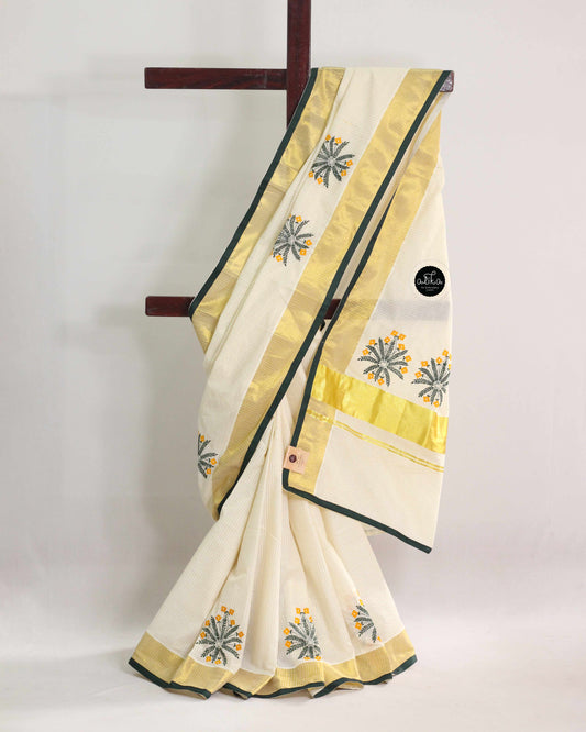 Kerala Kasavu Saree with Machine Embroidery