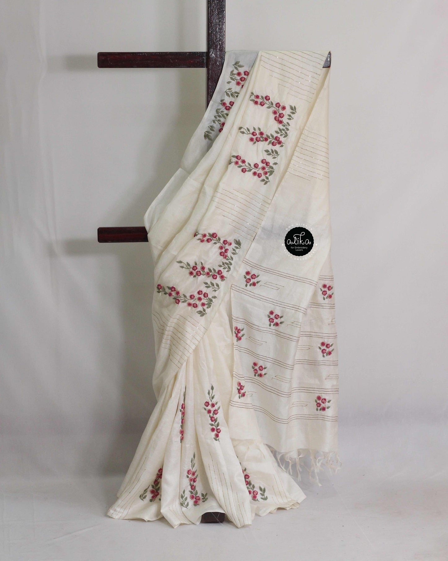 Off White Tussar Silk Saree with Multicolor Floral Hand Embroidery – Alika Fashion Store