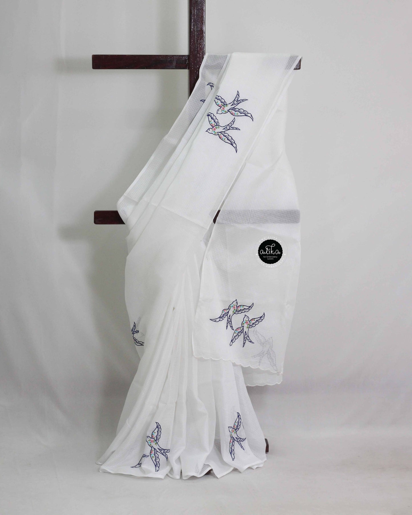White Kota Saree with Flying Bird Machine Embroidery – Elegant Traditional Wear by Alika Fashion Store