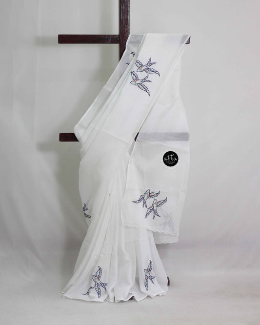 White Kota Saree with Flying Bird Machine Embroidery – Elegant Traditional Wear by Alika Fashion Store