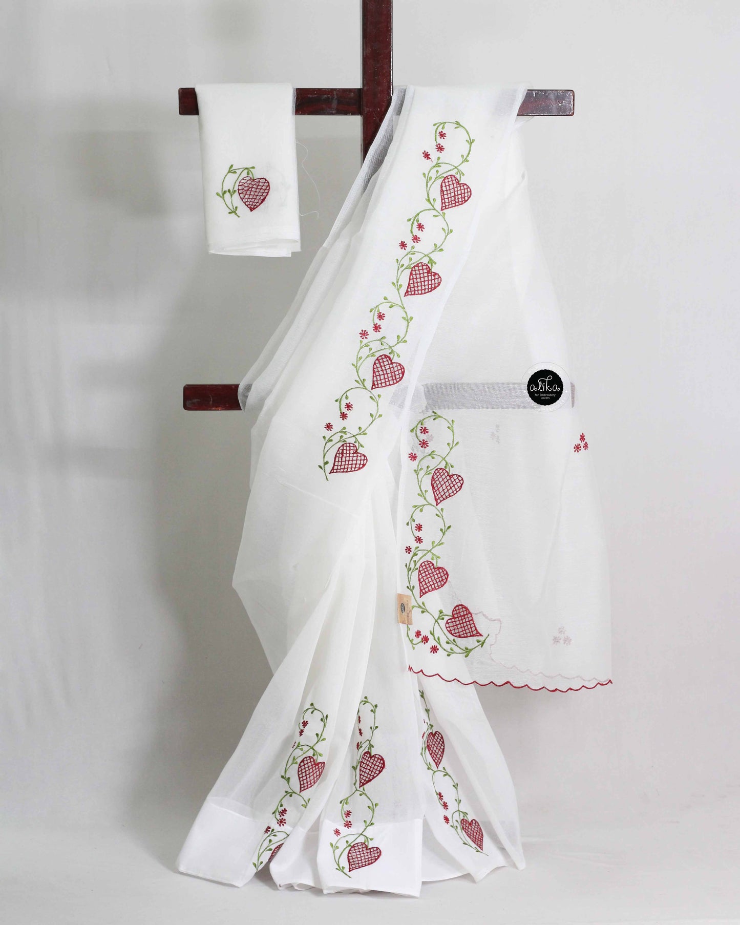 White Kota Saree with Floral Machine and Cutwork Embroidery
